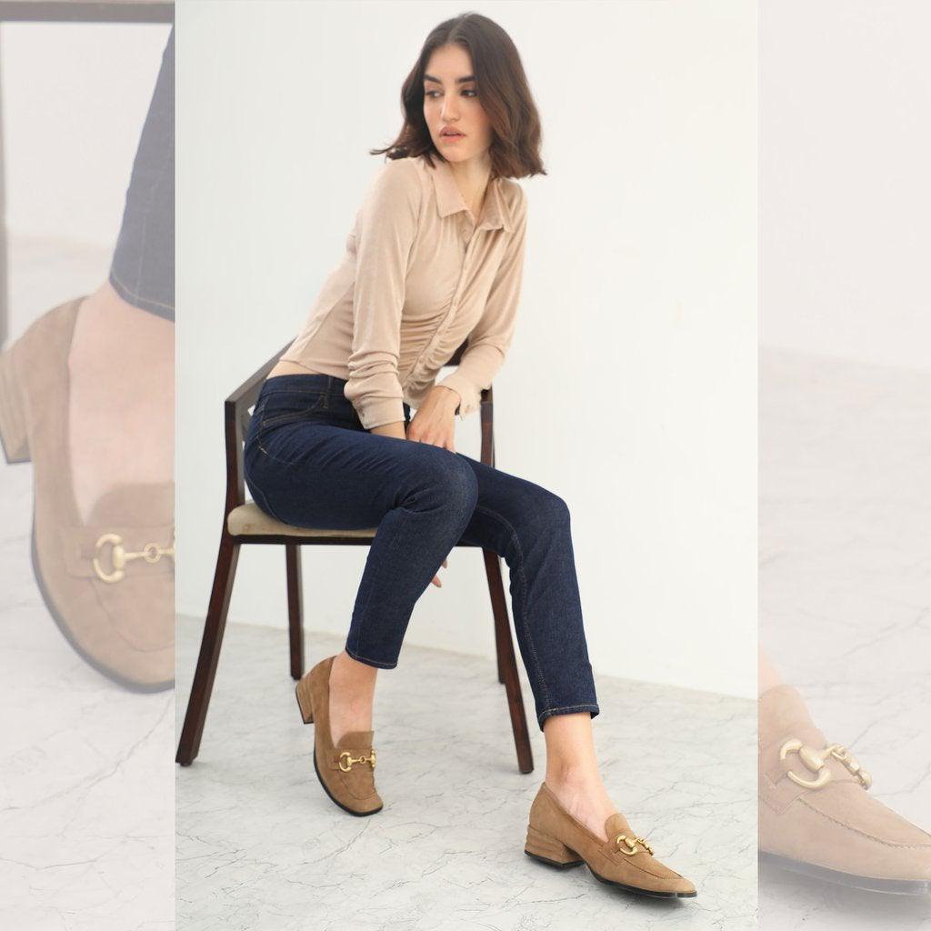 Ladies Tan Suede Horsebit Moccasin, Angled View — Women's Shoes UK