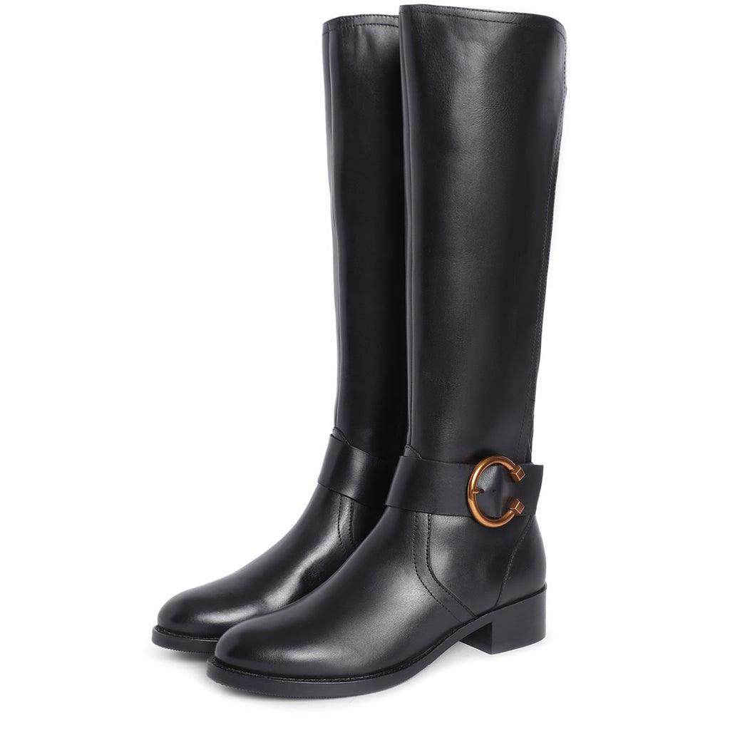 Saint Marisa black leather knee high boots, angled pair view of gold buckle