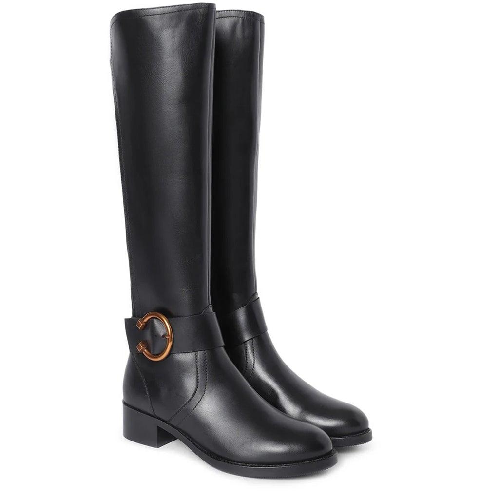 Black leather knee high boots for women UK, pair view showing gold ring buckle