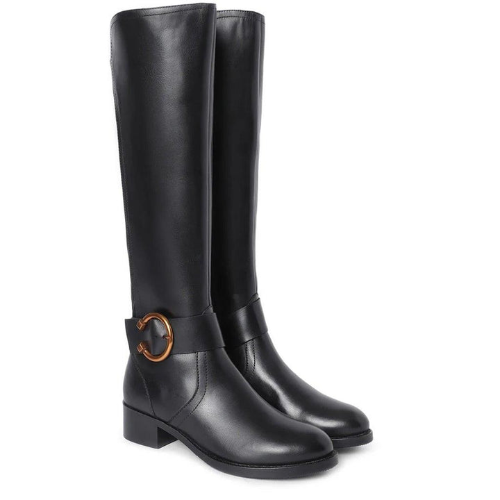 Black leather knee high boots for women UK, pair view showing gold ring buckle
