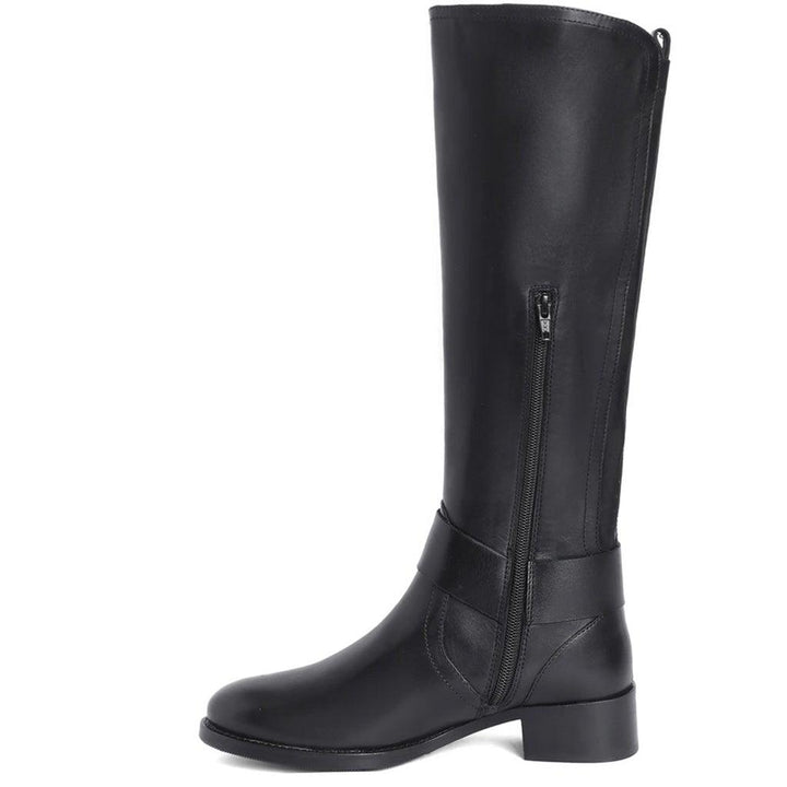 Saint Marisa black knee high boots, side view showing zip closure and buckle strap