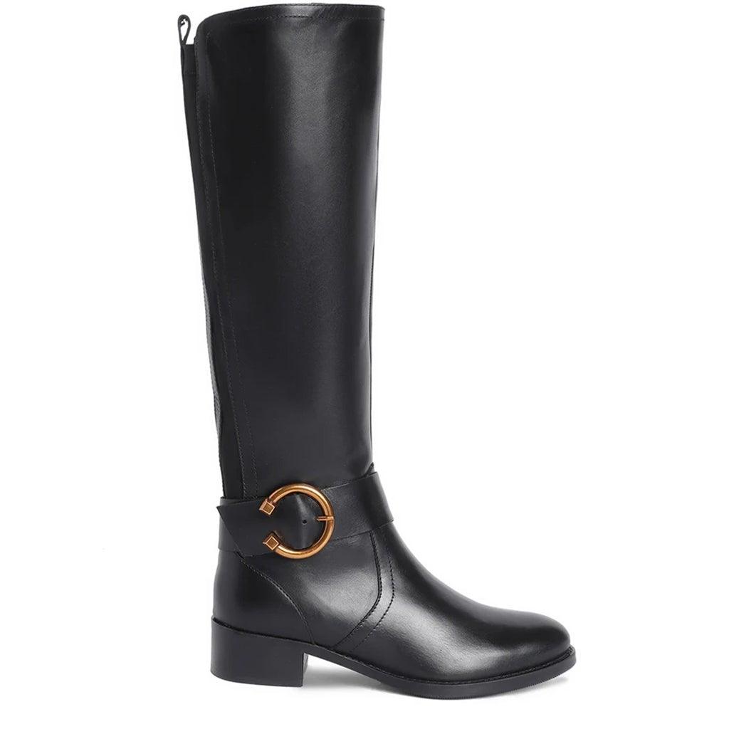 Saint Marisa gold buckle black leather knee high boots for women, side view of decorative ring buckle