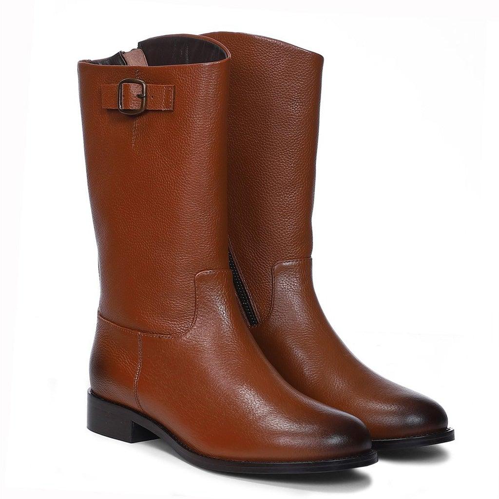 Tan leather calf boots for women UK, pair view showing ankle buckle strap