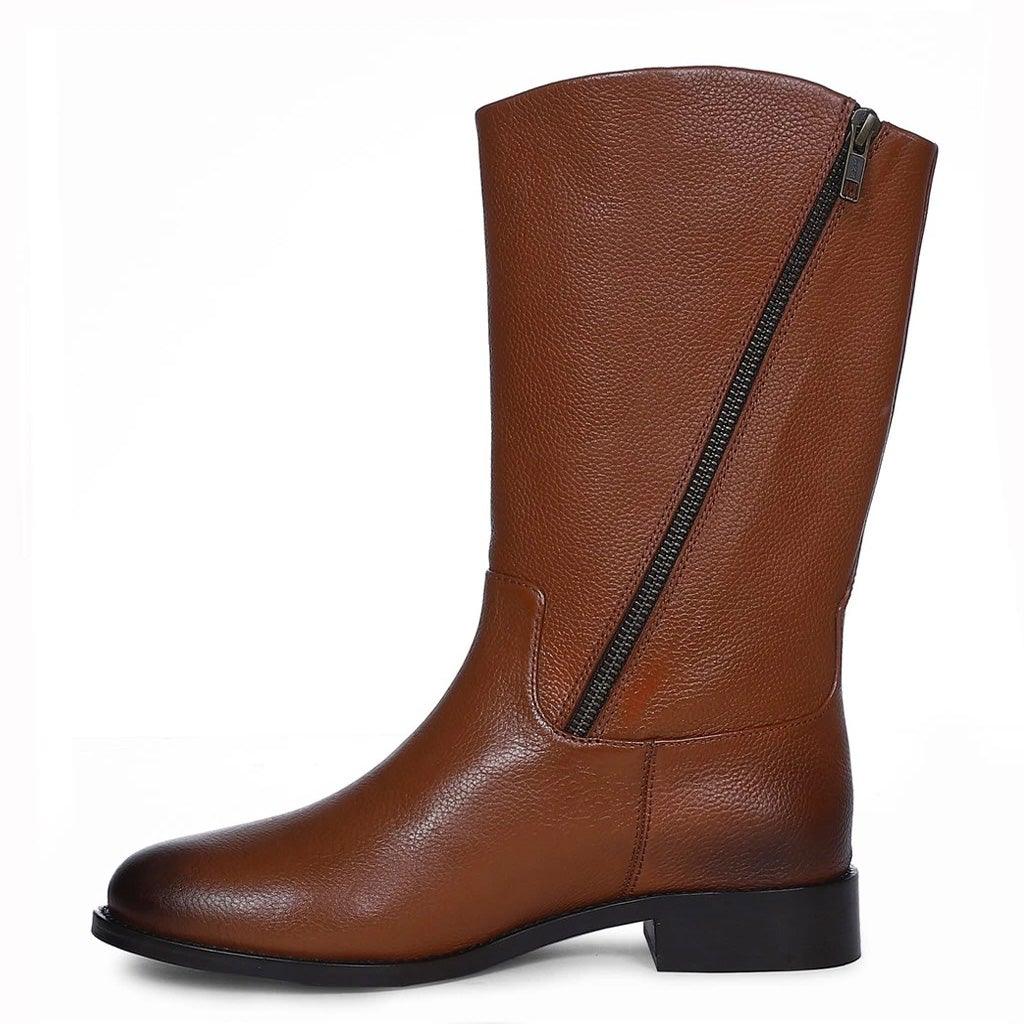 Saint Martina tan calf boots, alternate side view showing zip closure