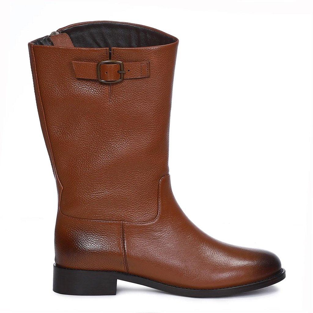 Saint Martina tan leather calf boots for women, side view of ankle buckle strap