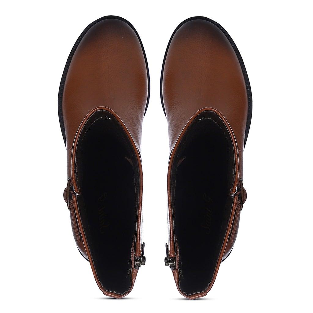 Saint Martina tan leather calf boots, top-down view of toe and buckle