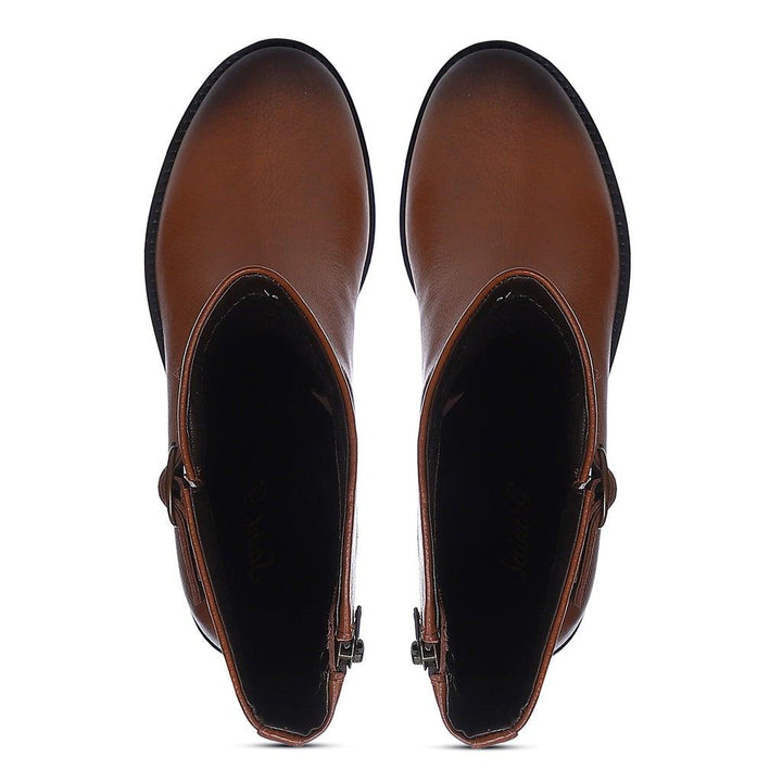 Saint Martina tan leather calf boots, top-down view of toe and buckle