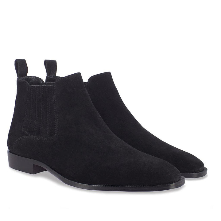 Saint Niccolò mens luxury chelsea boots handcrafted black suede – pair angle view