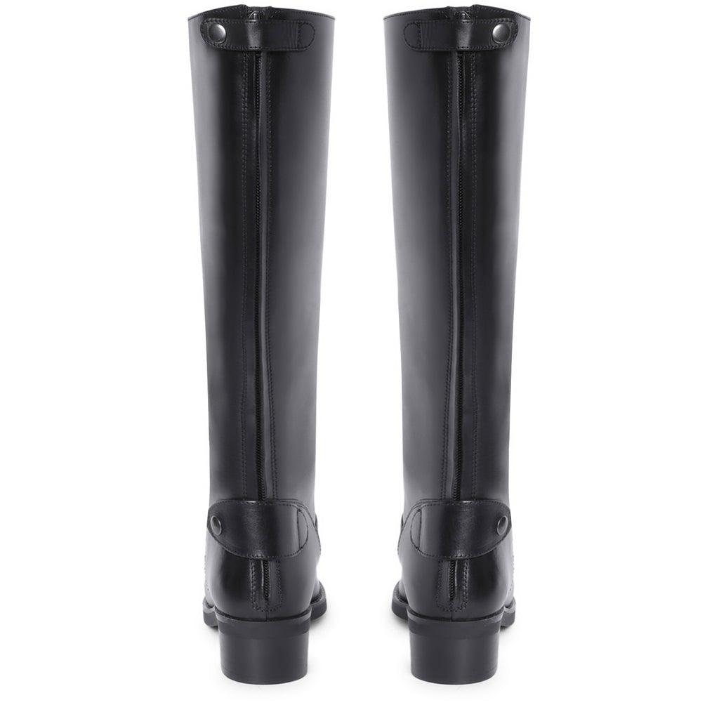 Saint Stella black leather knee high boots, back pair view showing pull tabs