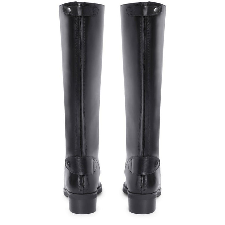 Saint Stella black leather knee high boots, back pair view showing pull tabs