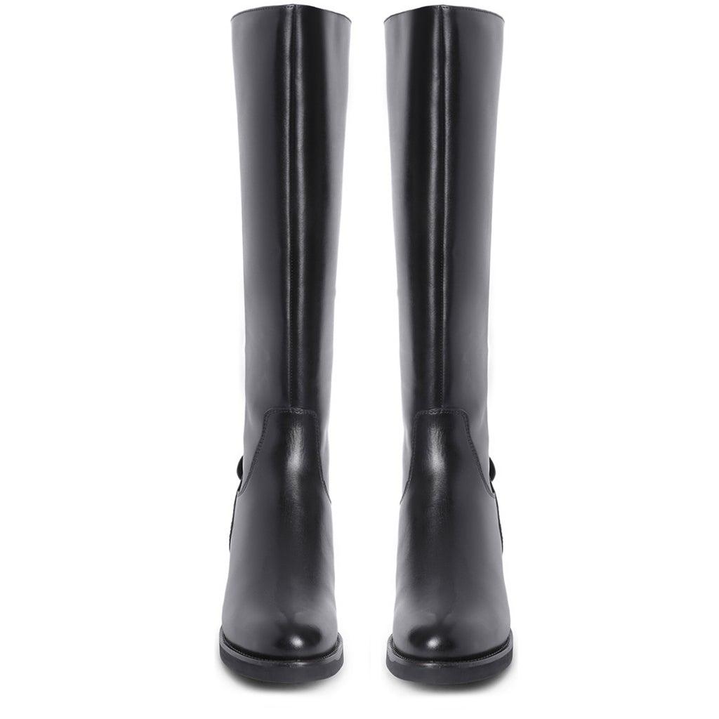 Women's black leather knee high boots, front pair view