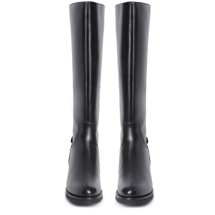 Women's black leather knee high boots, front pair view