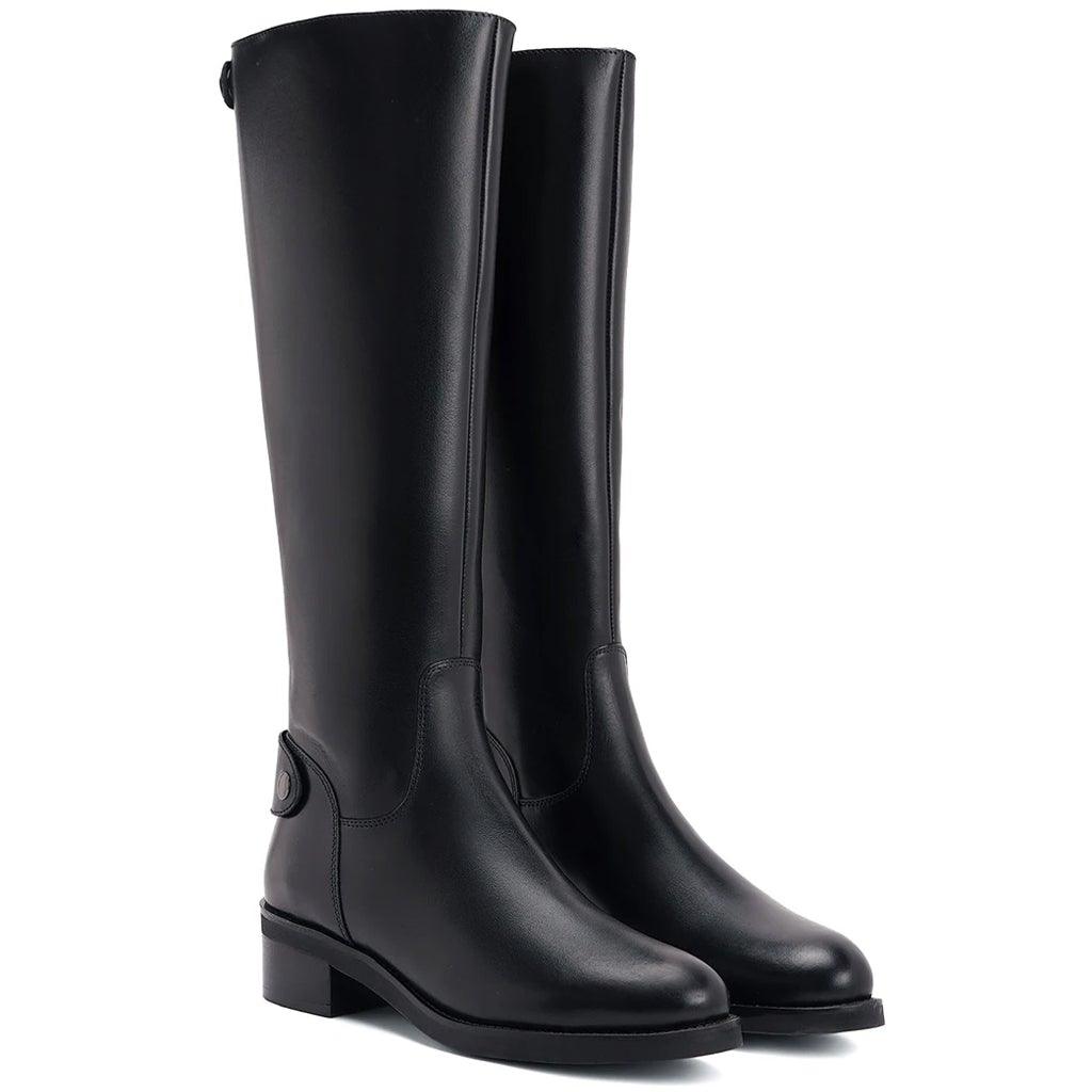 Black leather knee high boots for women UK, pair view showing ankle strap detail