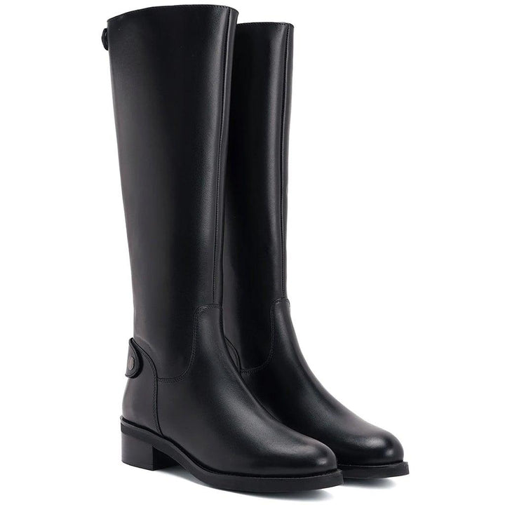 Black leather knee high boots for women UK, pair view showing ankle strap detail