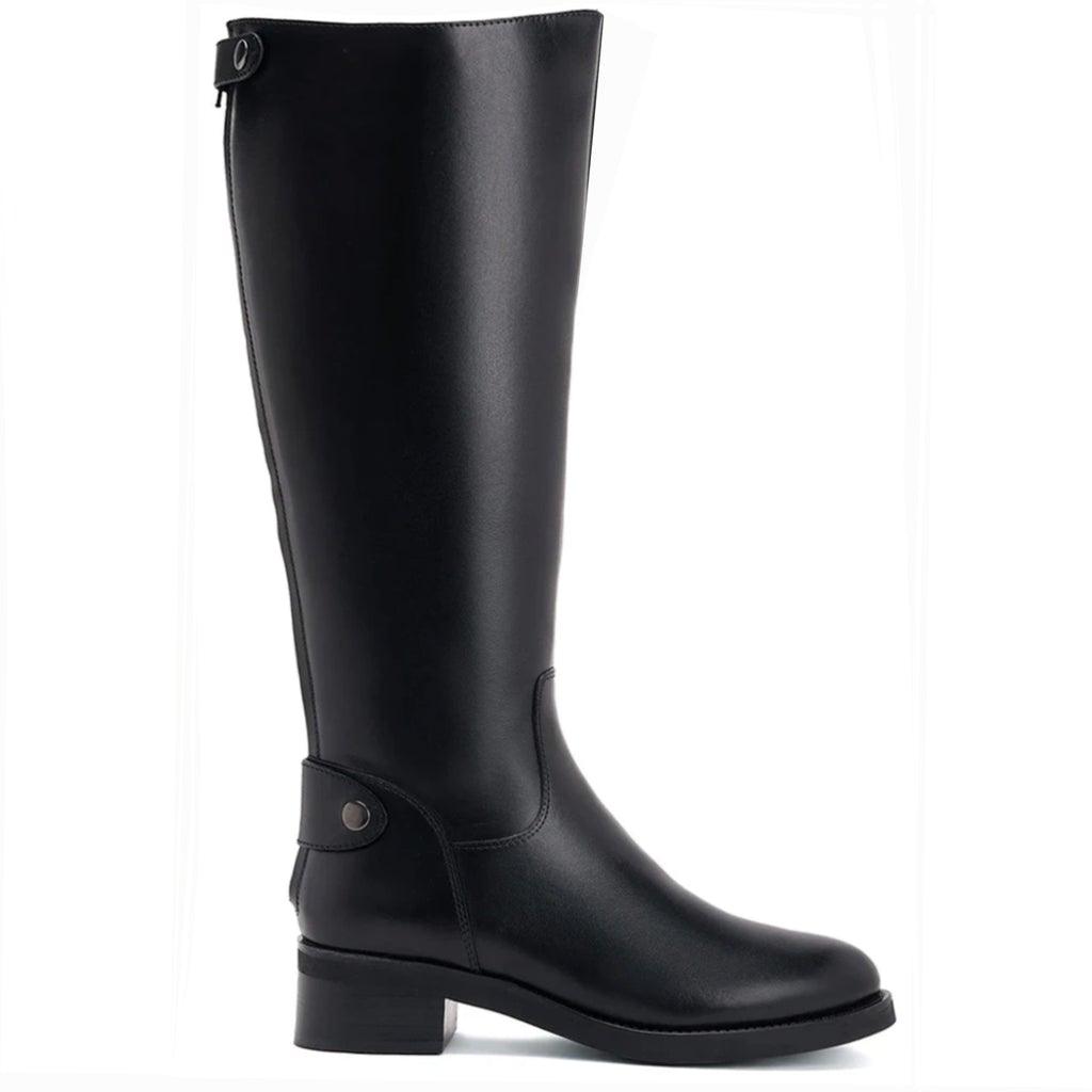 Saint Stella black leather knee high boots for women, side view of snap-button ankle strap