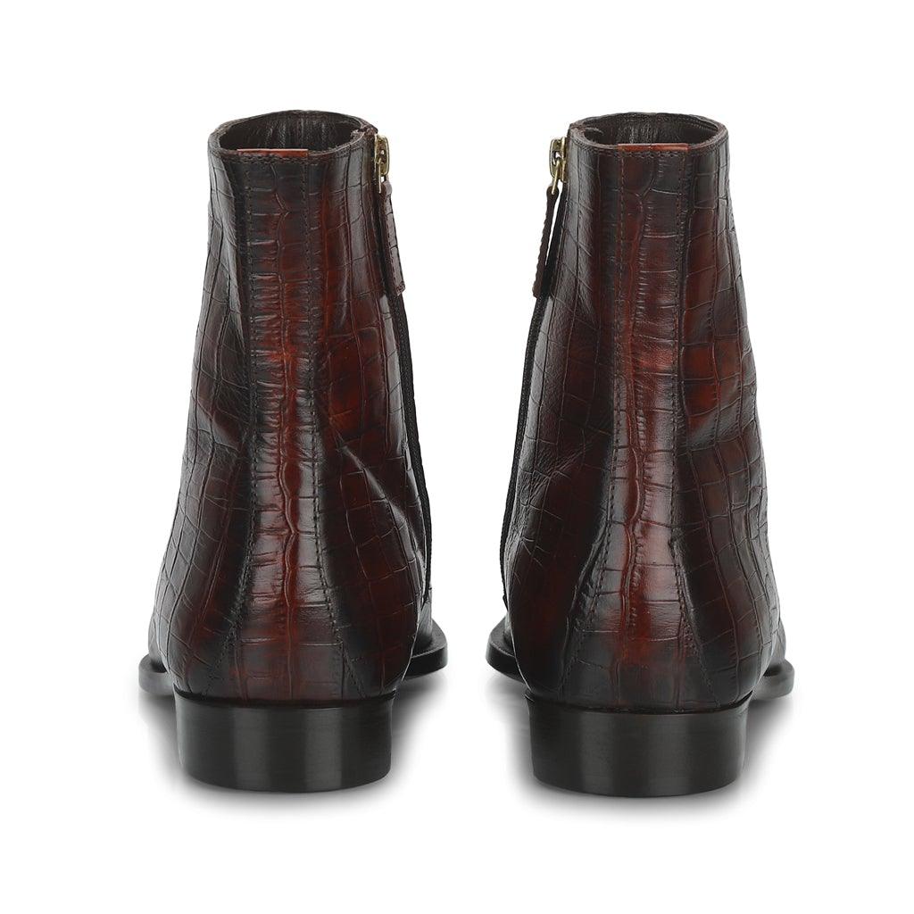Brown Croco Embossed Leather Ankle Boots for Men, Back View - Handcrafted UK