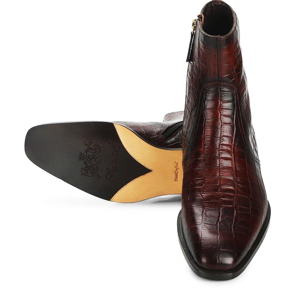 Best Men's Brown Croco Leather Ankle Boots - Back and Sole View UK