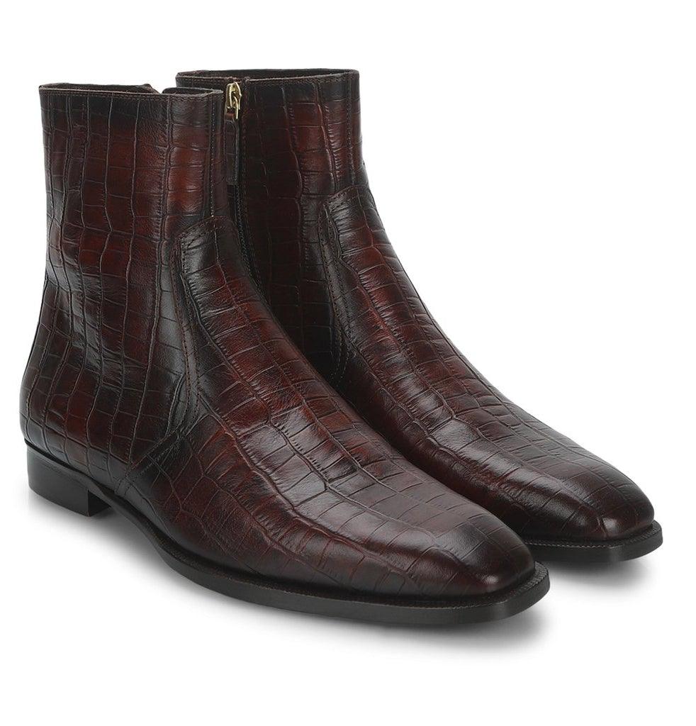 Saint Umberto Brown Croco Embossed Leather Boots - Pair View, Men's UK