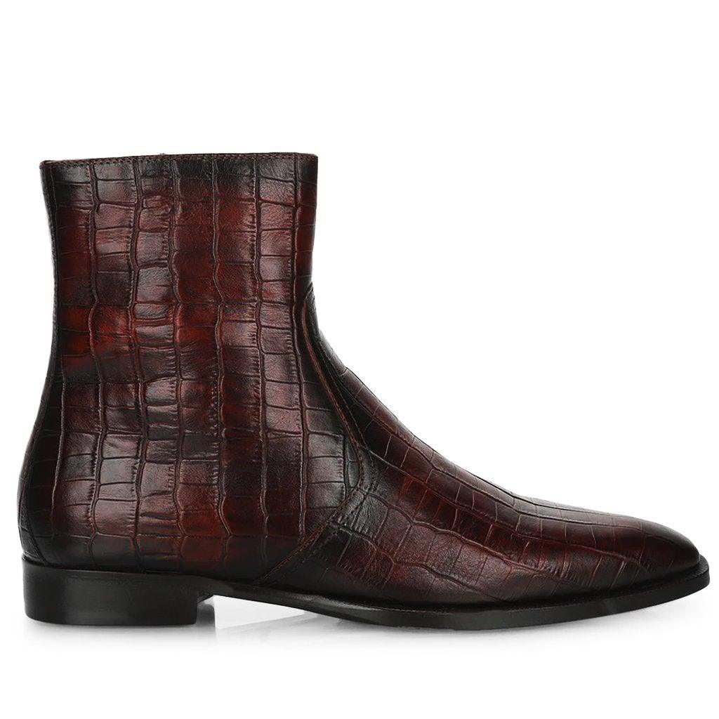 Best Men's Brown Croco Embossed Leather Ankle Boots - Side View, Handcrafted UK