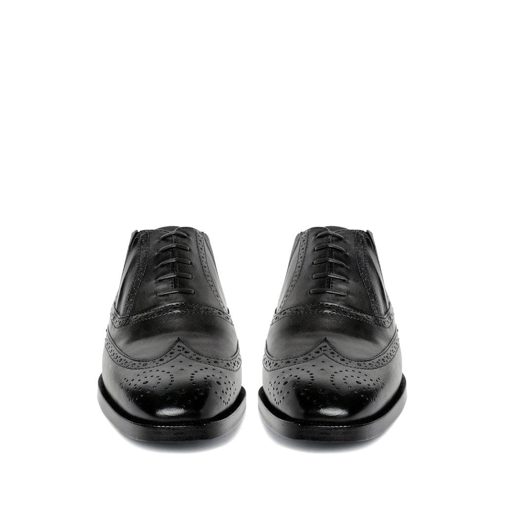 Grey Leather Brogue Shoes for Men, Front Detail View - Handcrafted UK