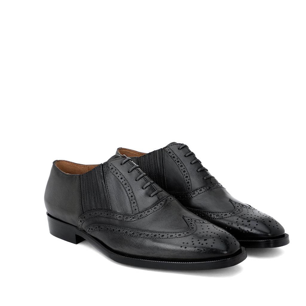 Best Men's Grey Leather Lace-Up Brogue Shoes, Front Pair View - Handcrafted UK