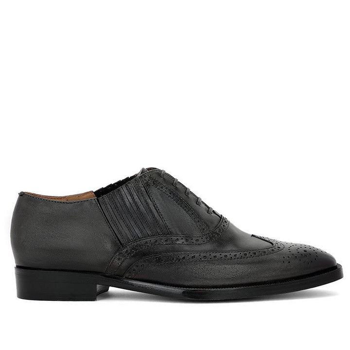 Best Men's Grey Leather Brogue Shoes - Side View, Handcrafted Lace-Up UK