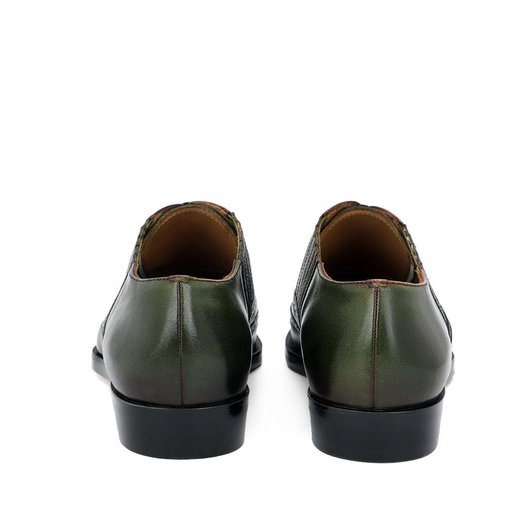 Olive Leather Brogue Shoes for Men, Back View - Handcrafted UK