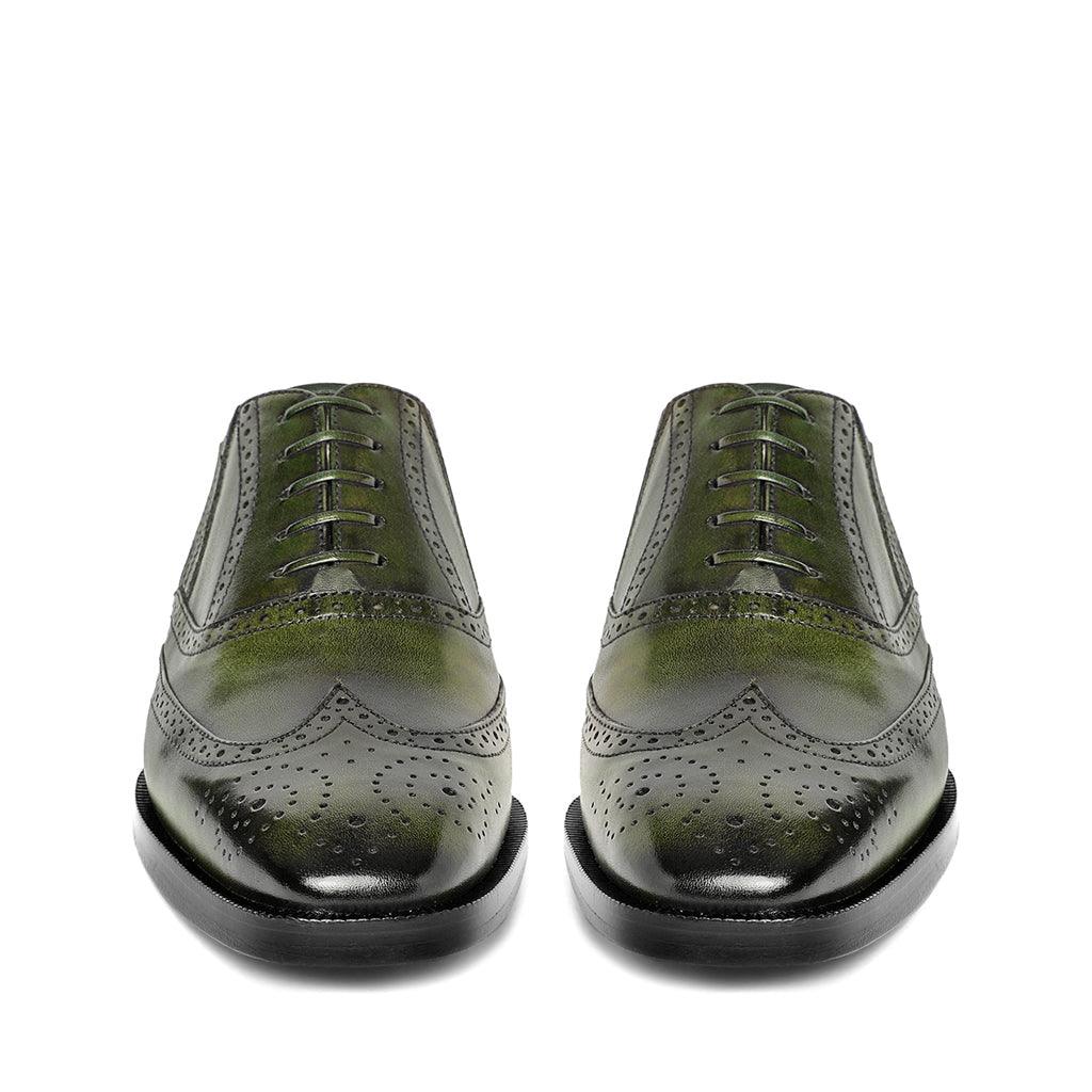 Best Men's Olive Leather Lace-Up Brogue Shoes, Front Pair View - Handcrafted UK