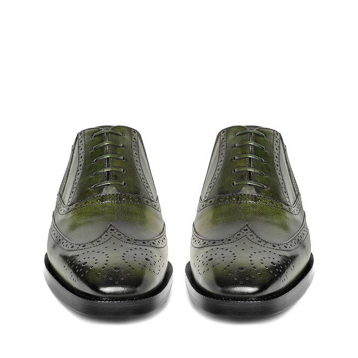 Best Men's Olive Leather Lace-Up Brogue Shoes, Front Pair View - Handcrafted UK