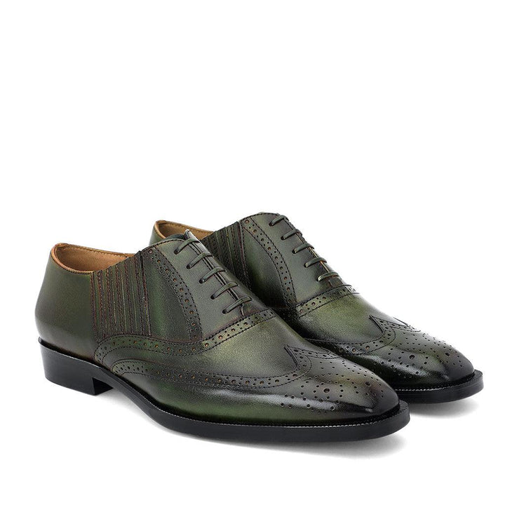Saint Vincenzo Olive Leather Brogue Shoes - Pair View, Men's UK