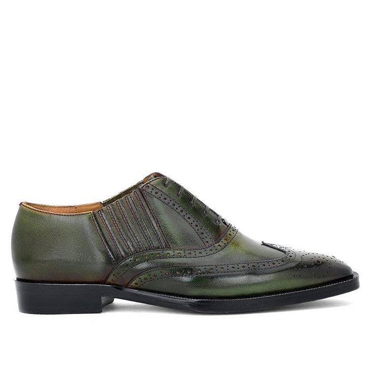Best Men's Olive Leather Brogue Shoes - Side View, Handcrafted Lace-Up UK