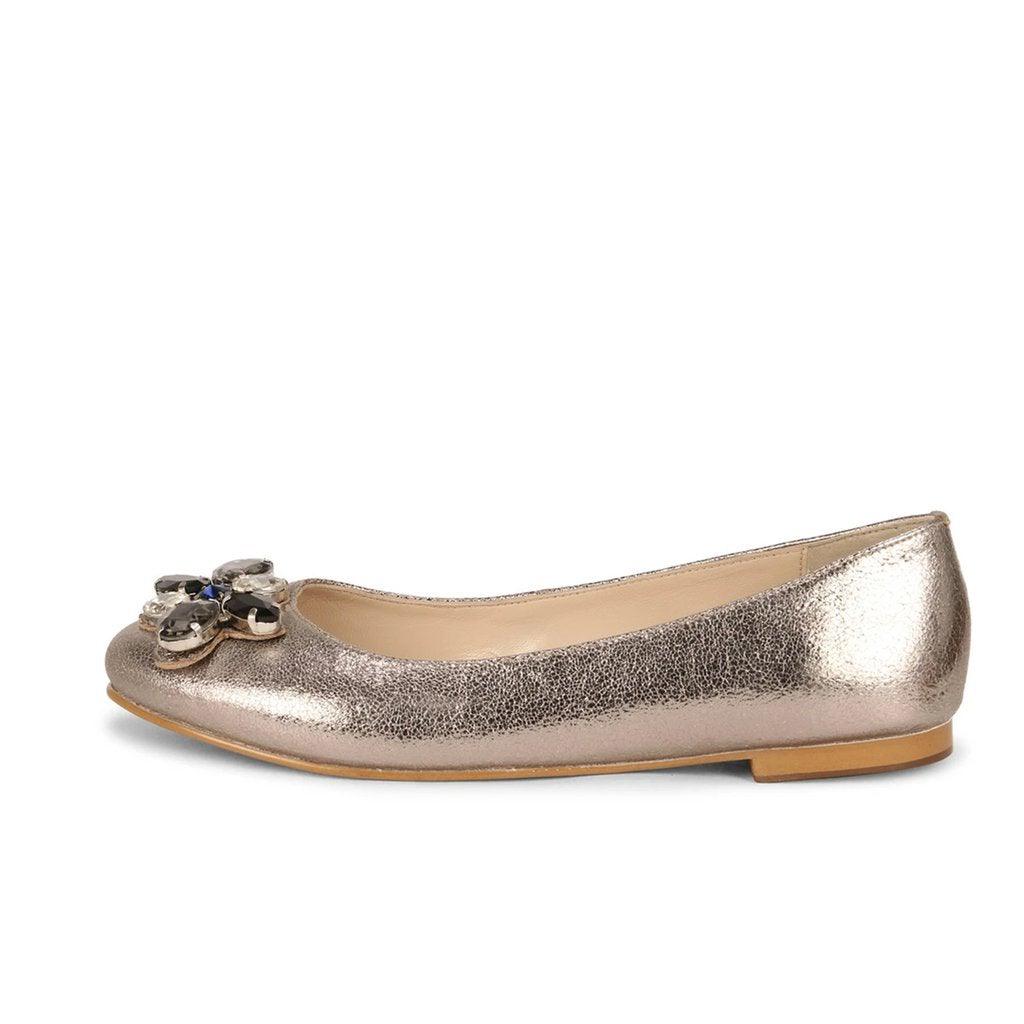 Saint Jovena Crystal Embellished Silver Metallic Leather Ballet Flats - SaintG UK