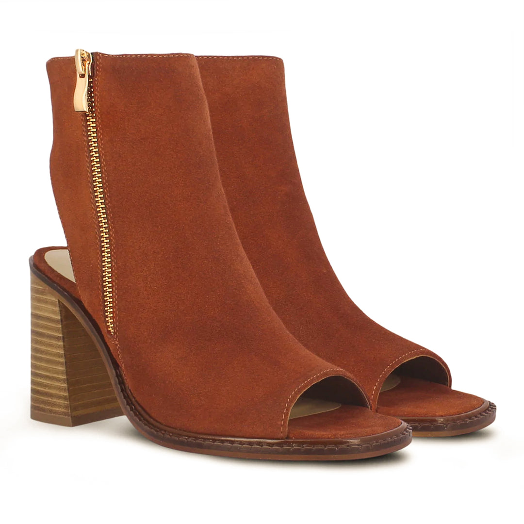 Saint Trudy Tan Suede Leather High Ankle Block Heels