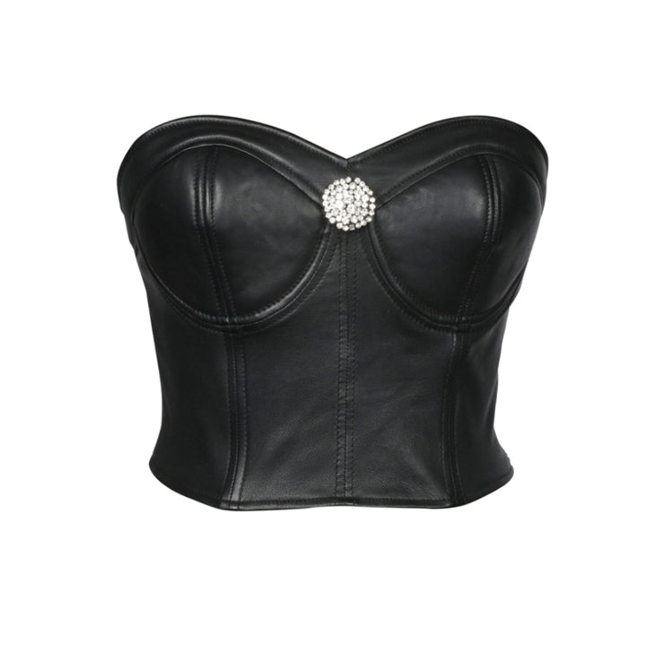 SAINT LIVIA Bustier - Sleek Black Leather Elegance for Fashion-forward Women