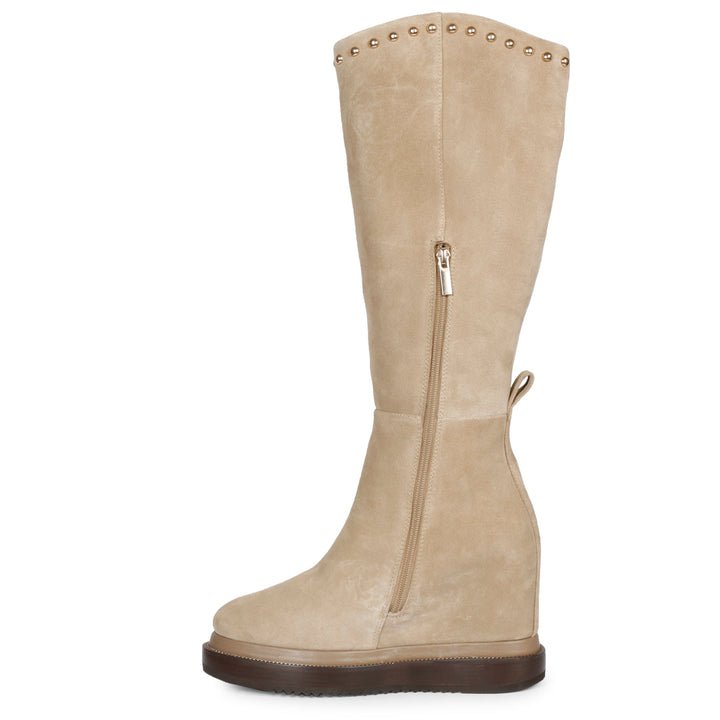 Womens ivory suede wedge long boots, side angle view