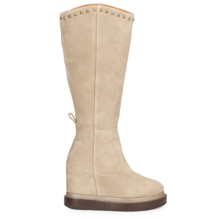 Womens ivory suede wedge long boots, side view
