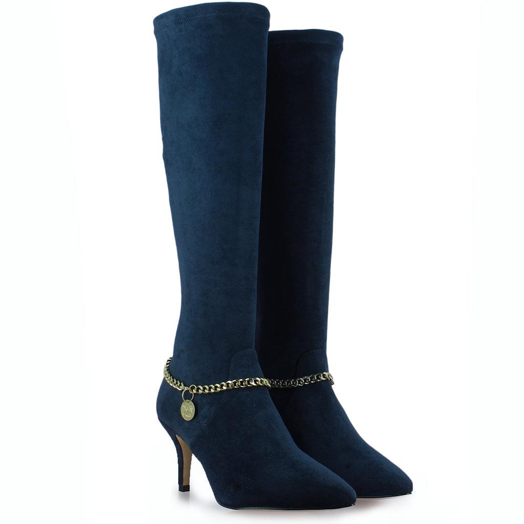 Saint Idalia Navy Stretch Suede Golden Chain Knee High Long Boots - SaintG UK