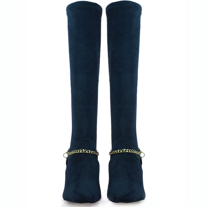 Saint Idalia Navy Stretch Suede Golden Chain Knee High Long Boots - SaintG UK