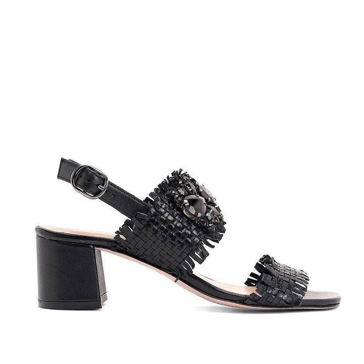 Crystal Embellished Woven Leather Block Heel for women