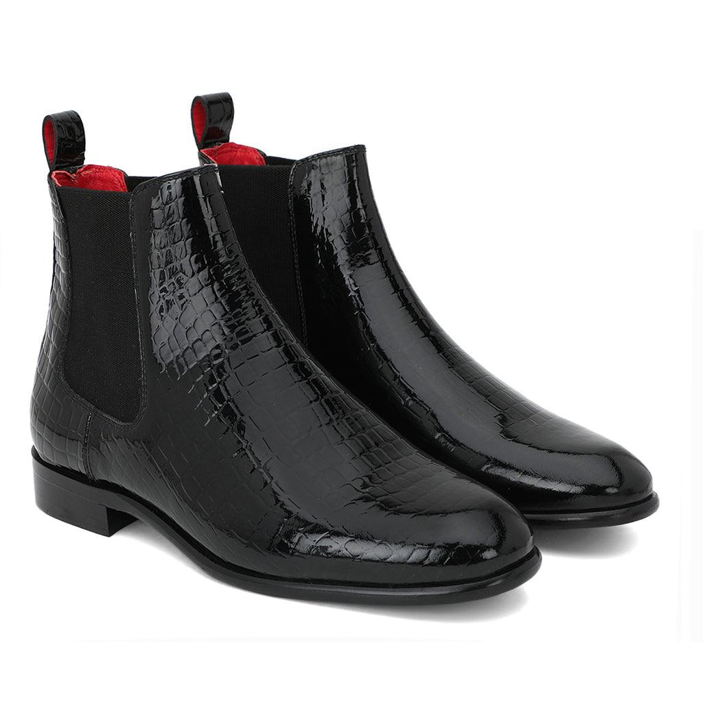 Saint Eadred Black Croco Patent Shiny Leather Chelsea boot - SaintG UK