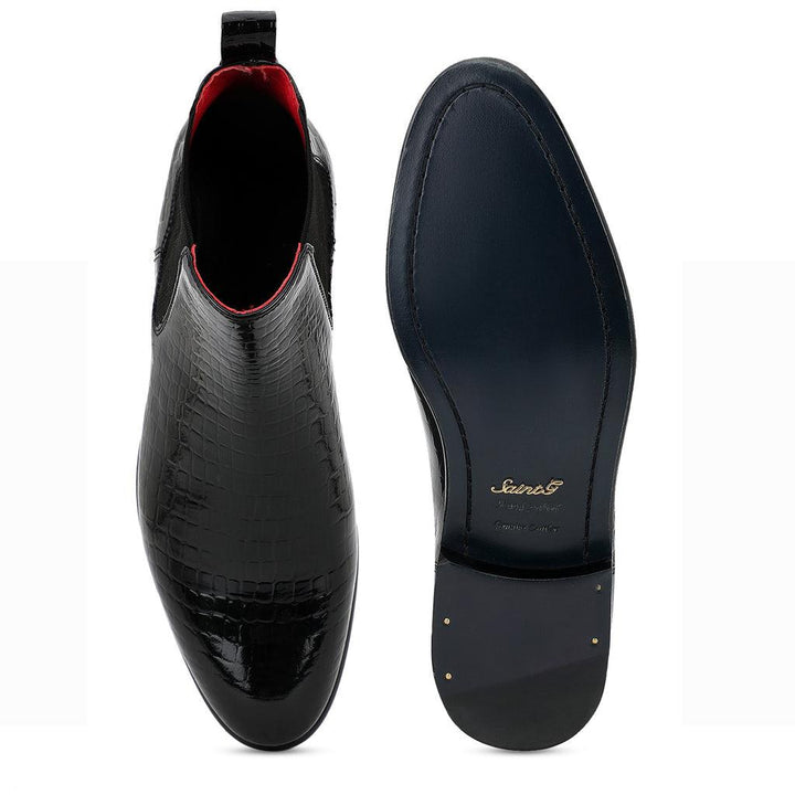 Saint Eadred Black Croco Patent Shiny Leather Chelsea boot - SaintG UK
