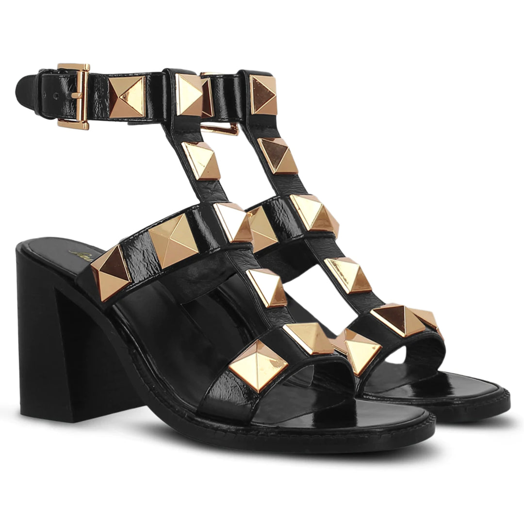 Saint Agnes Black Leather Metal Studded Heels